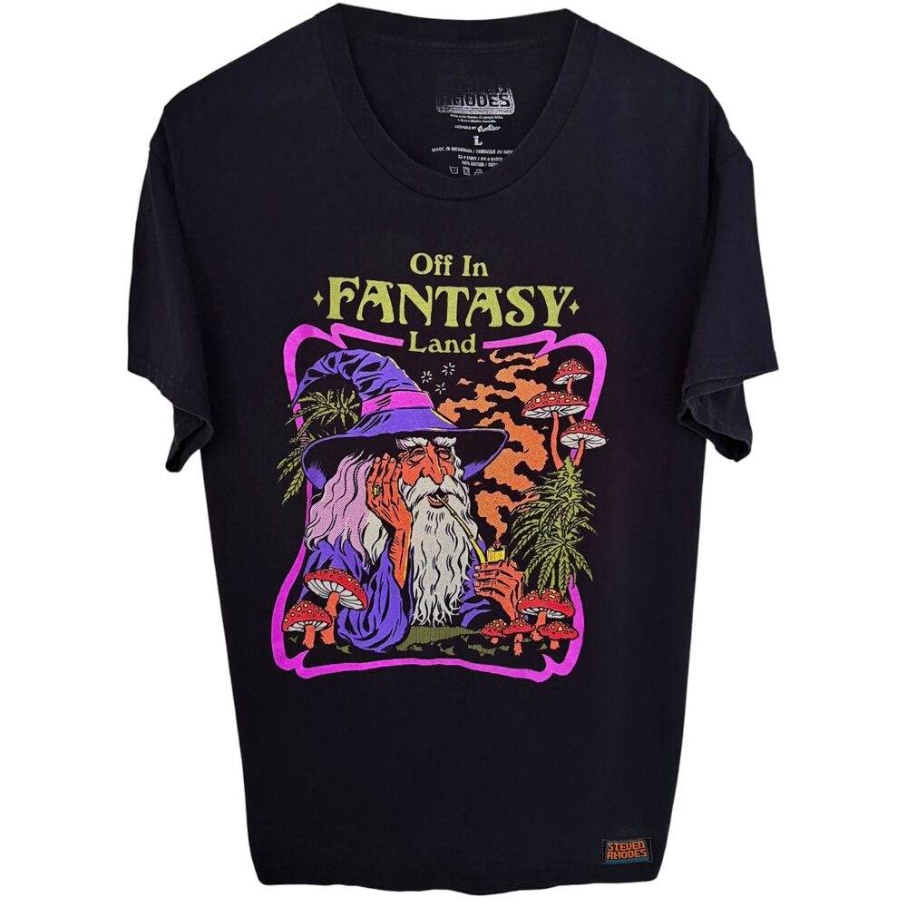 Steven Rhodes Off In Fantasy Land Wizard Graphic T-Shirt Men's L Black